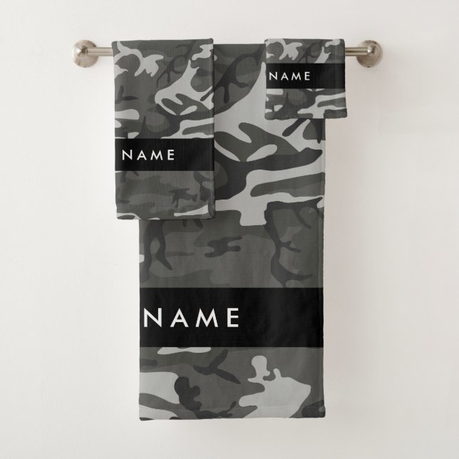 Grey Camouflage Pattern, Your name, Personalise Bath Towel Set (Insitu)