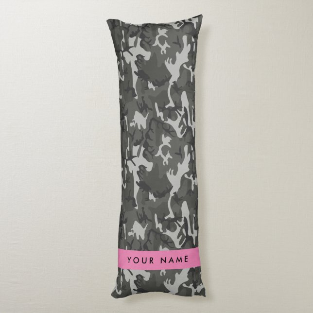 Grey Camouflage Pattern, Your name, Personalise Body Cushion (Back (Vertical))