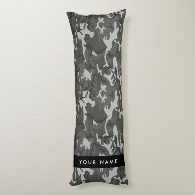 Grey Camouflage Pattern, Your name, Personalise Body Cushion (Back (Vertical))