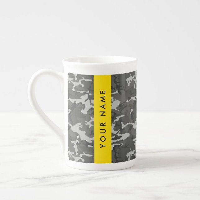 Grey Camouflage Pattern, Your name, Personalise Bone China Mug (Left)