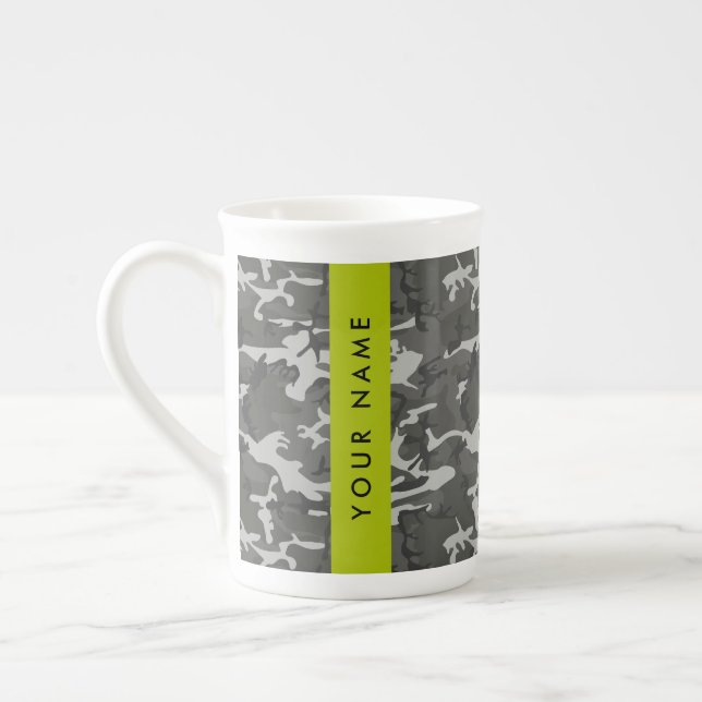 Grey Camouflage Pattern, Your name, Personalise Bone China Mug (Left)