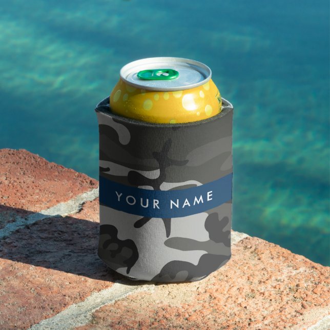 Grey Camouflage Pattern, Your name, Personalise Can Cooler (In Situ Pool)