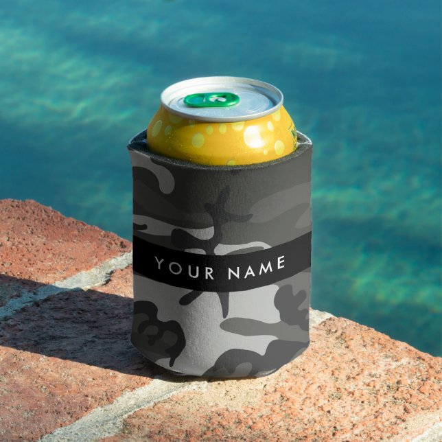 Grey Camouflage Pattern, Your name, Personalise Can Cooler (In Situ Pool)