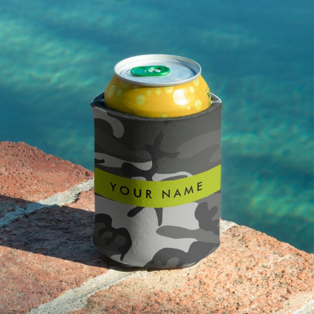 Grey Camouflage Pattern, Your name, Personalise Can Cooler (In Situ Pool)