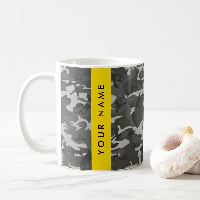 Grey Camouflage Pattern, Your name, Personalise Coffee Mug (With Donut)