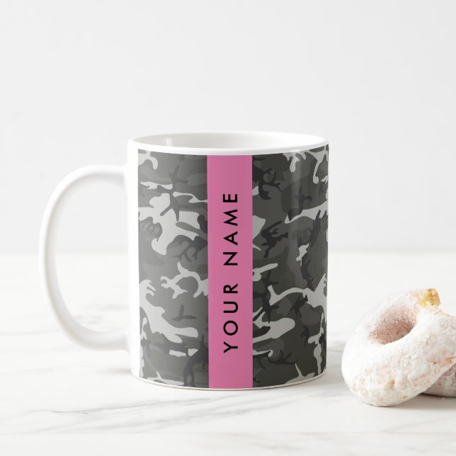 Grey Camouflage Pattern, Your name, Personalise Coffee Mug (With Donut)