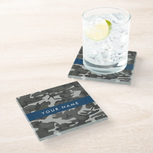 Grey Camouflage Pattern, Your name, Personalise Glass Coaster