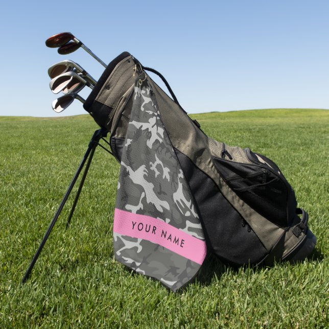 Grey Camouflage Pattern, Your name, Personalise Golf Towel (Green)