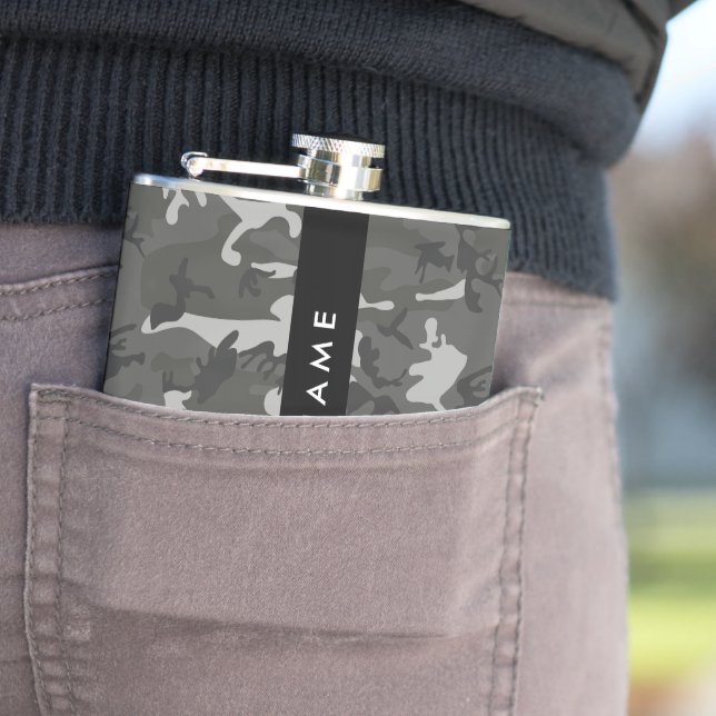 Grey Camouflage Pattern, Your name, Personalise Hip Flask (In Situ)