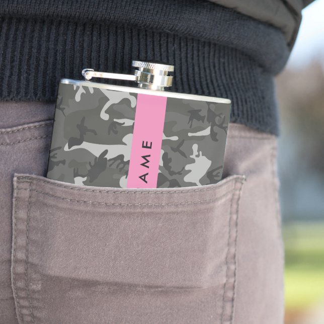 Grey Camouflage Pattern, Your name, Personalise Hip Flask (In Situ)