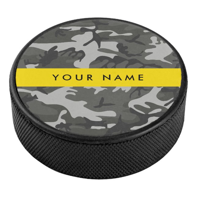 Grey Camouflage Pattern, Your name, Personalise Hockey Puck (3/4)