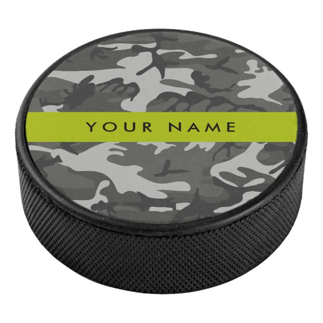 Grey Camouflage Pattern, Your name, Personalise Hockey Puck (3/4)