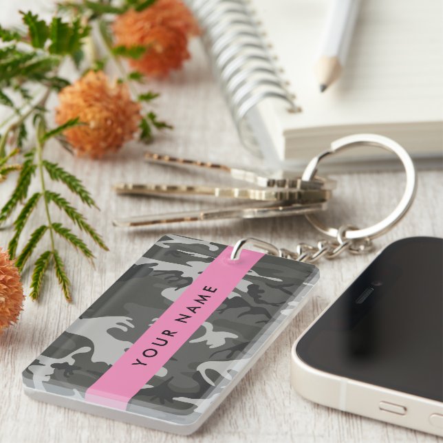 Grey Camouflage Pattern, Your name, Personalise Key Ring (Front Right)