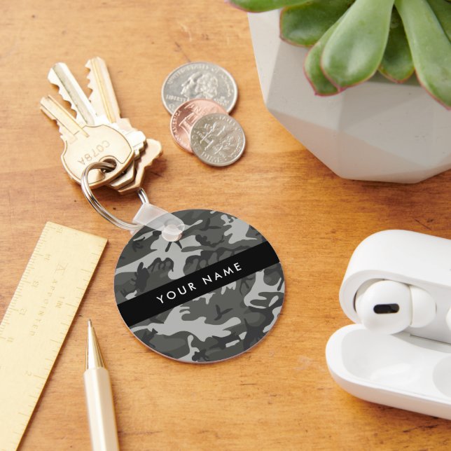 Grey Camouflage Pattern, Your name, Personalise Key Ring (Desk)