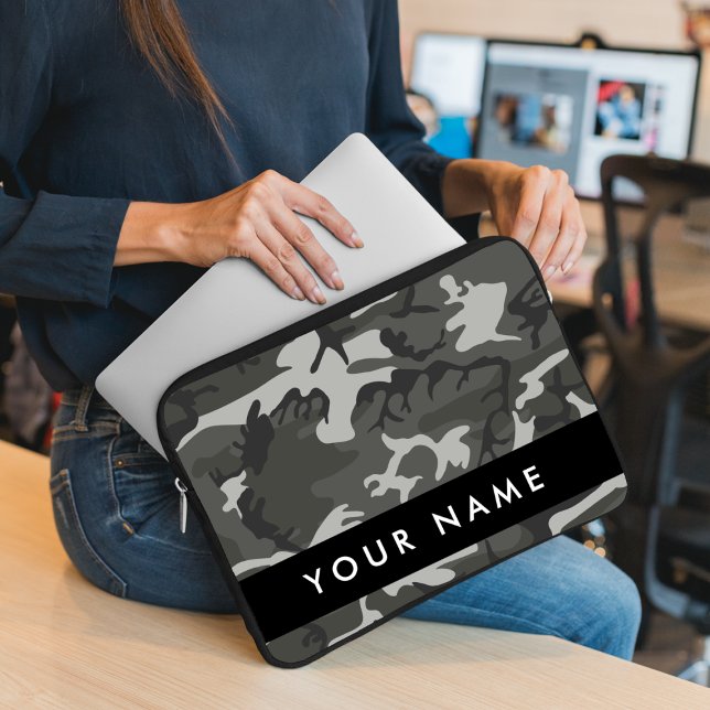 Grey Camouflage Pattern, Your name, Personalise Laptop Sleeve (Creator Uploaded)