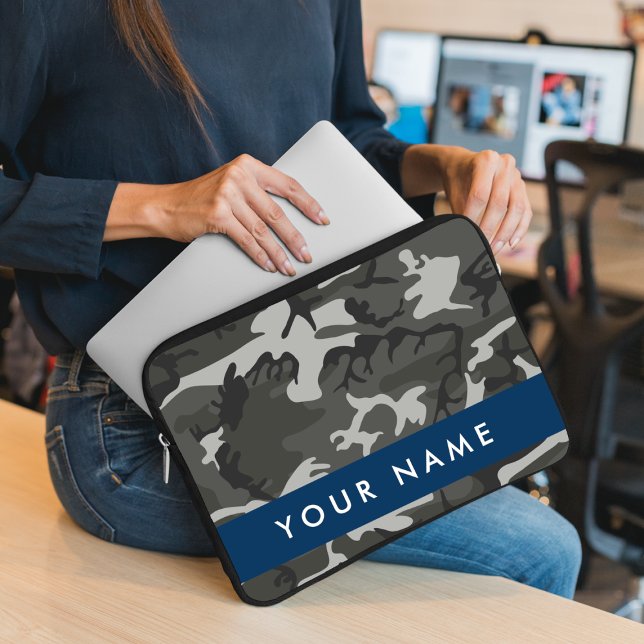 Grey Camouflage Pattern, Your name, Personalise Laptop Sleeve (Creator Uploaded)