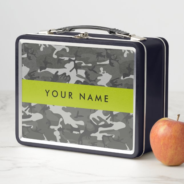 Grey Camouflage Pattern, Your name, Personalise Metal Lunch Box (In Situ)