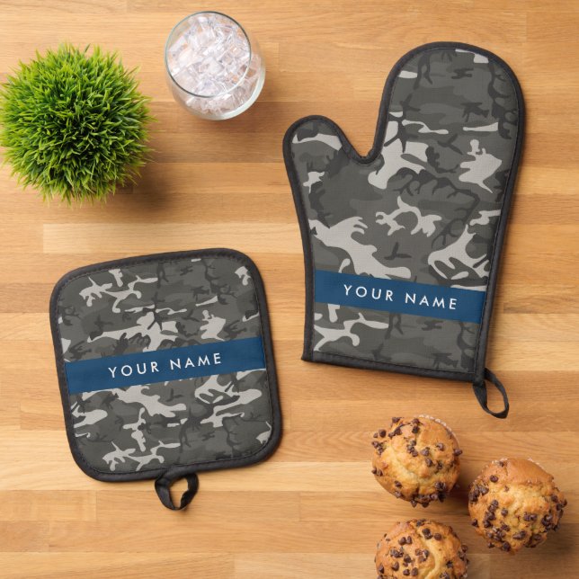 Grey Camouflage Pattern, Your name, Personalise Oven Mitt & Pot Holder Set (Top Down)