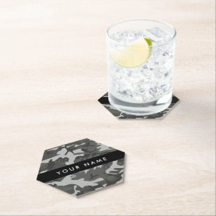 Grey Camouflage Pattern, Your name, Personalise Paper Coaster