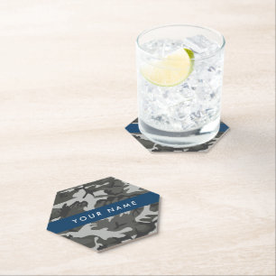 Grey Camouflage Pattern, Your name, Personalise Paper Coaster