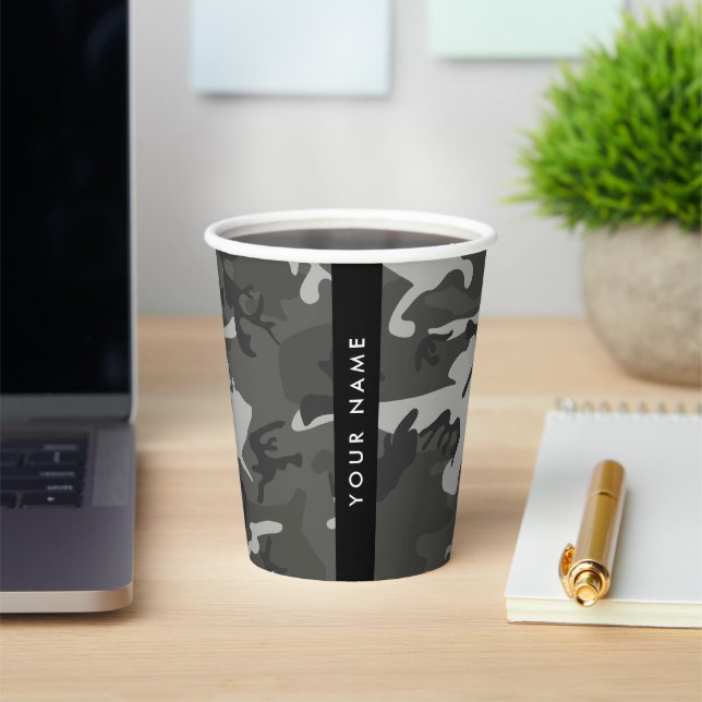Grey Camouflage Pattern, Your name, Personalise Paper Cups (Insitu)