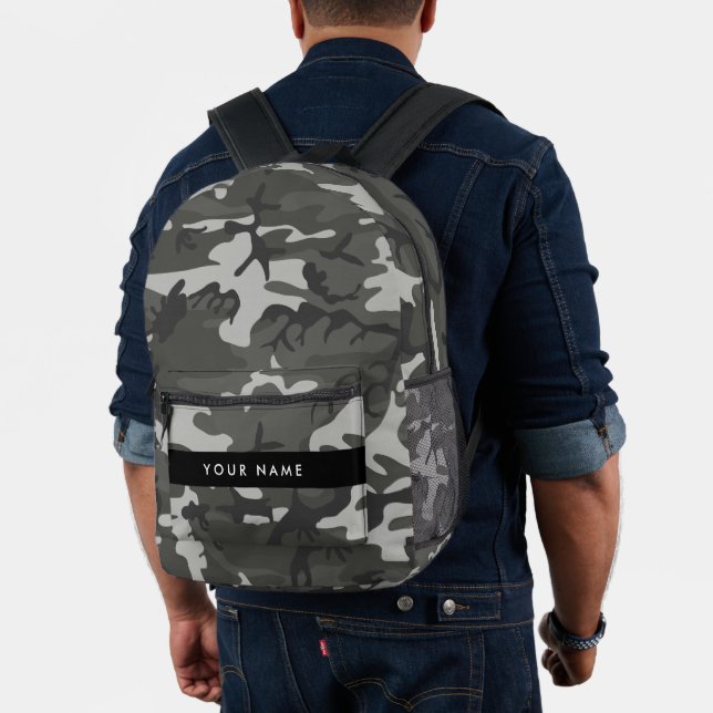 Grey Camouflage Pattern, Your name, Personalise Printed Backpack (Insitu (Model))
