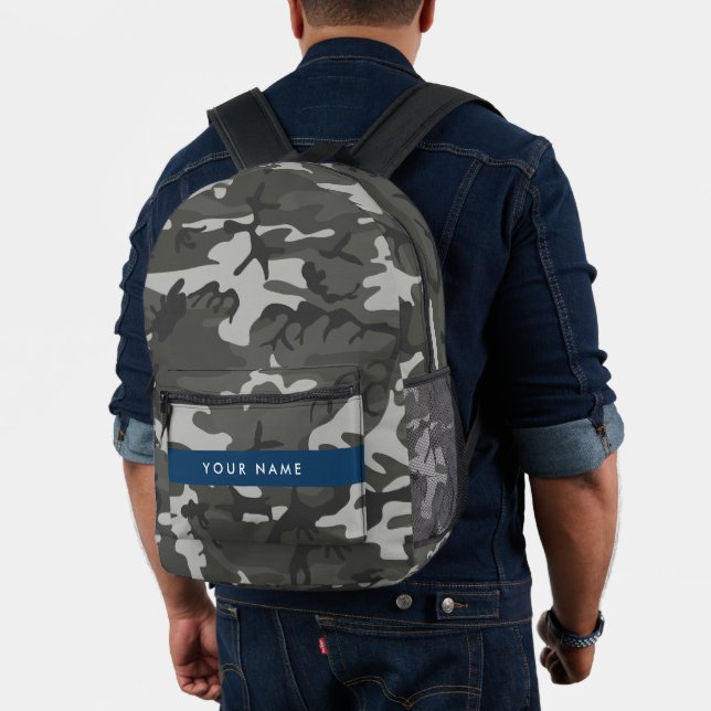 Grey Camouflage Pattern, Your name, Personalise Printed Backpack (Insitu (Model))