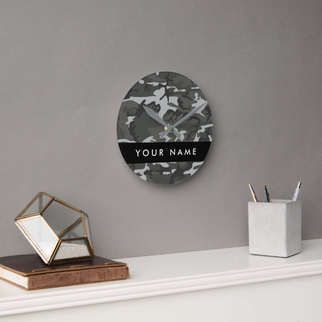 Grey Camouflage Pattern, Your name, Personalise Round Clock (Office)