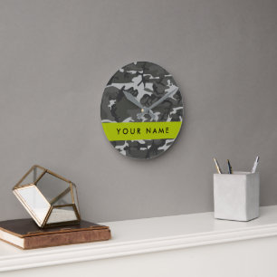 Grey Camouflage Pattern, Your name, Personalise Round Clock