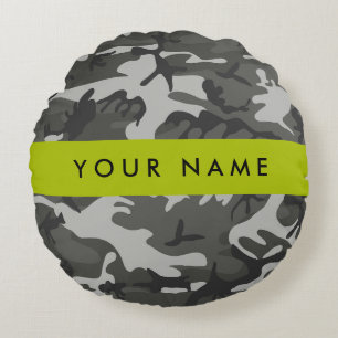 Grey Camouflage Pattern, Your name, Personalise Round Cushion