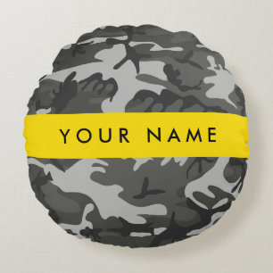 Grey Camouflage Pattern, Your name, Personalise Round Cushion