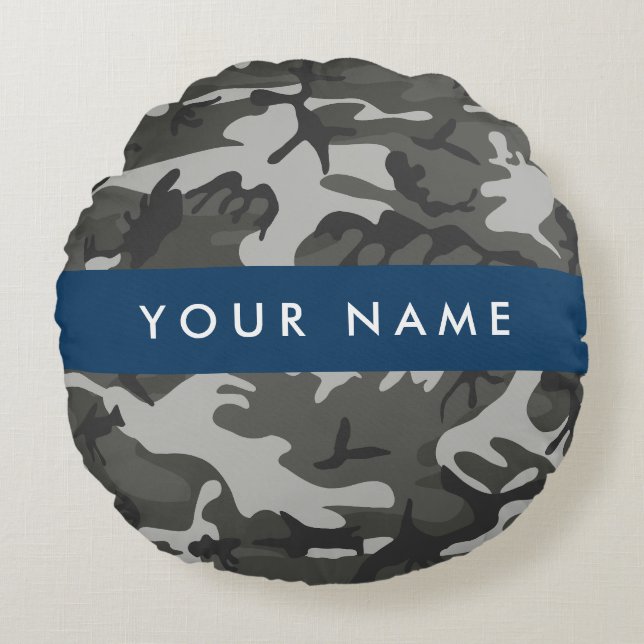 Grey Camouflage Pattern, Your name, Personalise Round Cushion (Front)