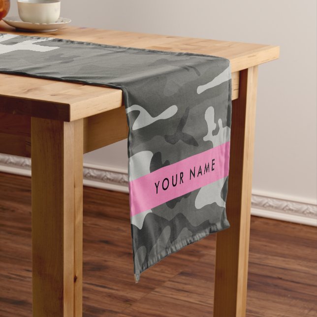 Grey Camouflage Pattern, Your name, Personalise Short Table Runner (In Situ)