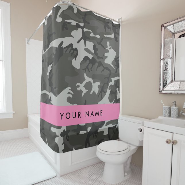 Grey Camouflage Pattern, Your name, Personalise Shower Curtain (In Situ)