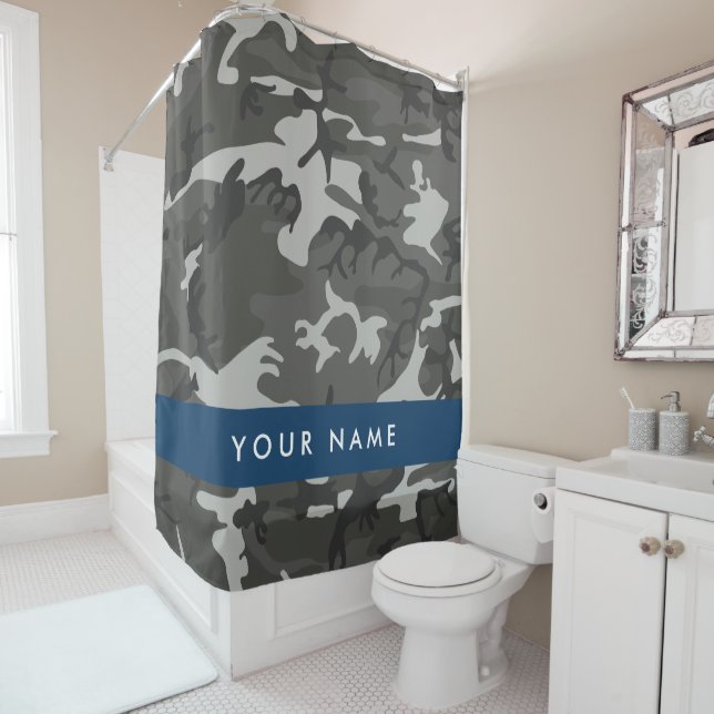 Grey Camouflage Pattern, Your name, Personalise Shower Curtain (In Situ)