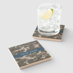 Grey Camouflage Pattern, Your name, Personalise Stone Coaster