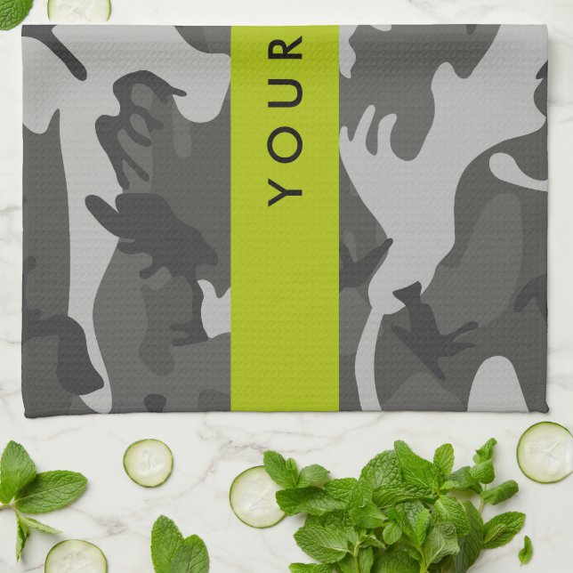 Grey Camouflage Pattern, Your name, Personalise Tea Towel (Folded)