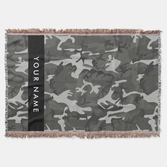 Grey Camouflage Pattern, Your name, Personalise Throw Blanket (Front)