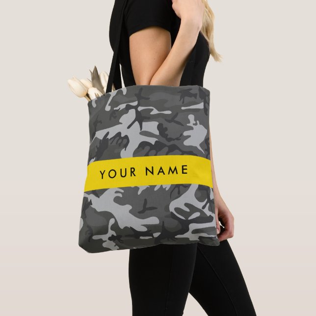 Grey Camouflage Pattern, Your name, Personalise Tote Bag (Close Up)