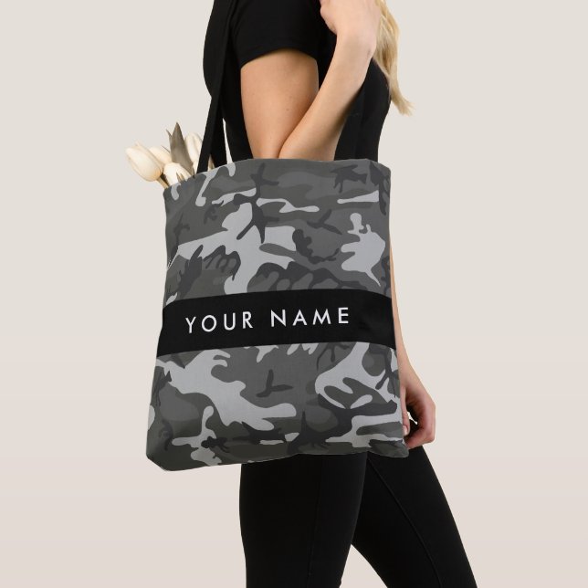 Grey Camouflage Pattern, Your name, Personalise Tote Bag (Close Up)