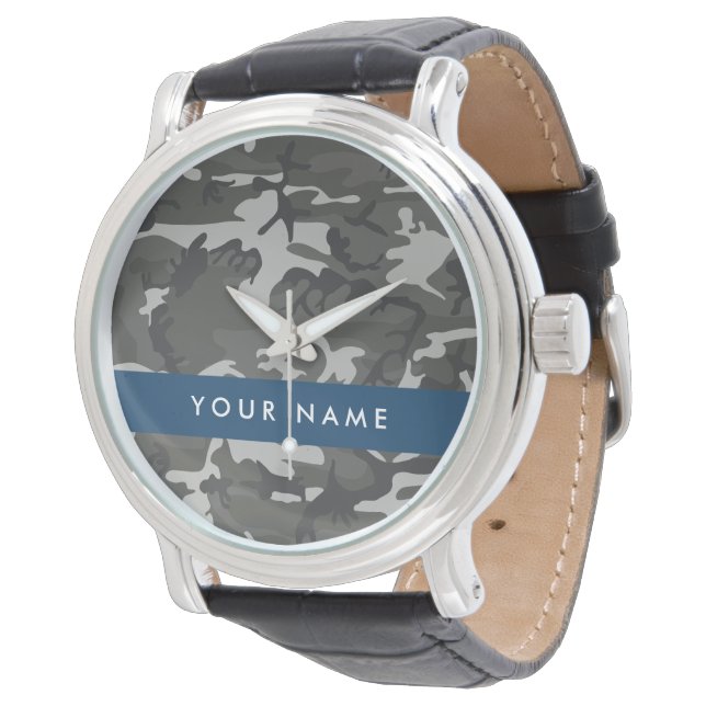 Grey Camouflage Pattern, Your name, Personalise Watch (Angled)