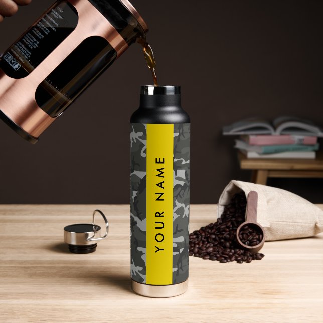 Grey Camouflage Pattern, Your name, Personalise Water Bottle (Coffee)