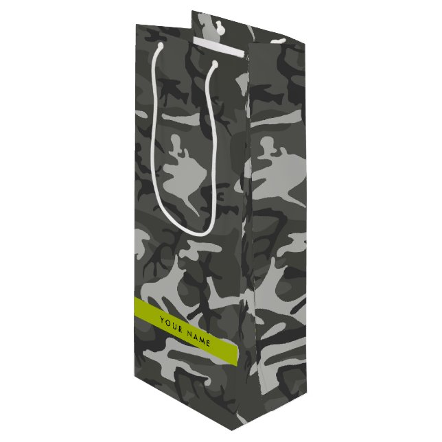 Grey Camouflage Pattern, Your name, Personalise Wine Gift Bag (Front Angled)