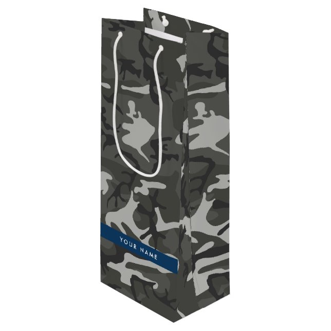 Grey Camouflage Pattern, Your name, Personalise Wine Gift Bag (Front Angled)