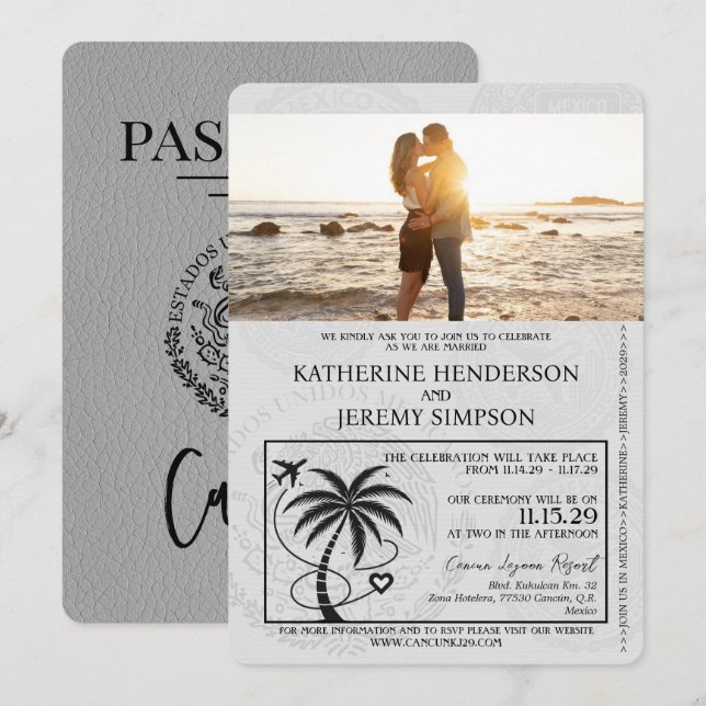 Grey Cancun Passport Wedding Invitation (Front/Back)