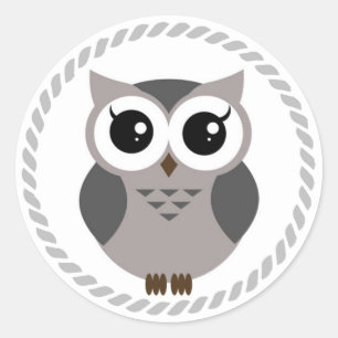 Grey cartoon owl inside grey ring classic round sticker