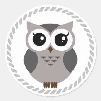 Grey cartoon owl inside grey ring classic round sticker