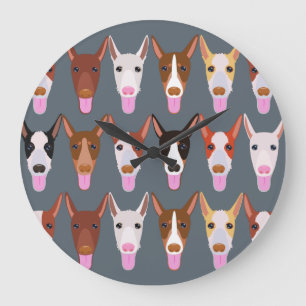 Grey Cartoon Podenco Dog Faces Large Clock