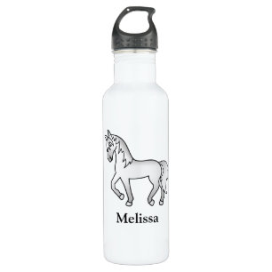 Grey Cartoon Trotting Horse & Custom Name 710 Ml Water Bottle