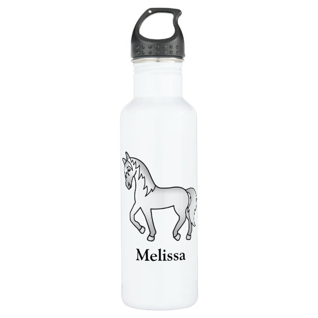 Grey Cartoon Trotting Horse & Custom Name 710 Ml Water Bottle (Front)